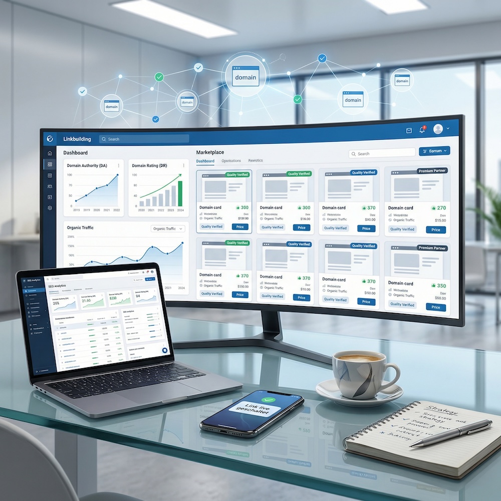 Linklift Linkbuilding-Marktplatz – Dashboard mit Domain-Übersicht auf Monitor, Laptop und Smartphone